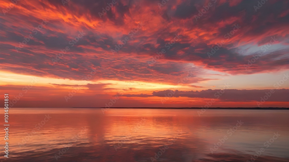 The sky at sunset, with vivid orange and red tones reflecting on the water and distant clouds catching the last rays of the sun
The sky at sunset, with vivid orange and red tones reflecting on the water and distant clouds catching the last rays of the sun