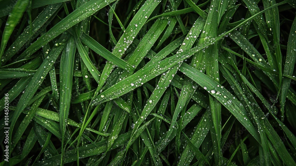 A top view of lush green grass texture with dew drops on the leaves A top view of lush green grass texture with dew drops on the leaves