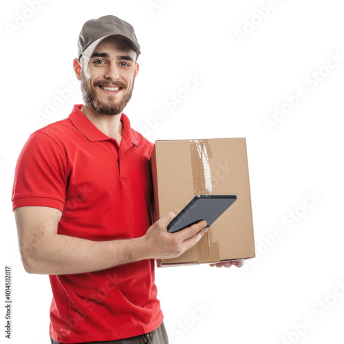 A delivery driver in a branded uniform, holding a package and a digital tablet, white background. photo