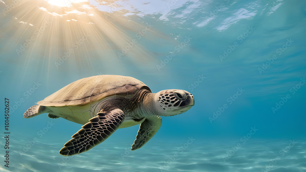 Obraz premium Majestic sea turtle gracefully swimming in sunlit turquoise ocean depths. World Wildlife Day