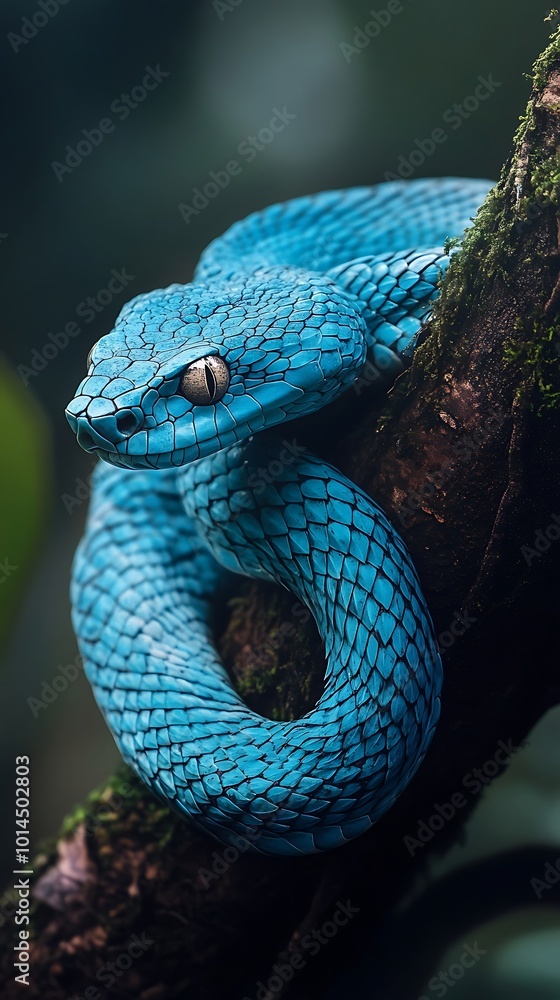 Fototapeta premium Intriguing close-up of a vibrant blue snake with hypnotic intense eye contact