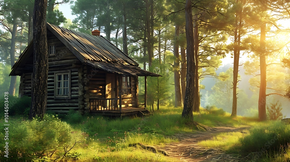 A rustic wooden cabin nestled amidst towering trees in nature.
A rustic wooden cabin nestled amidst towering trees in nature.