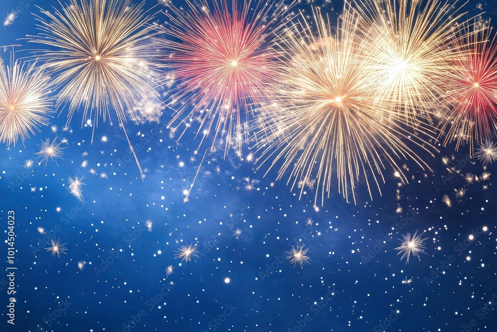 Fireworks on blue background with stars and space for text with generative ai Fireworks on blue background with stars and space for text with generative ai