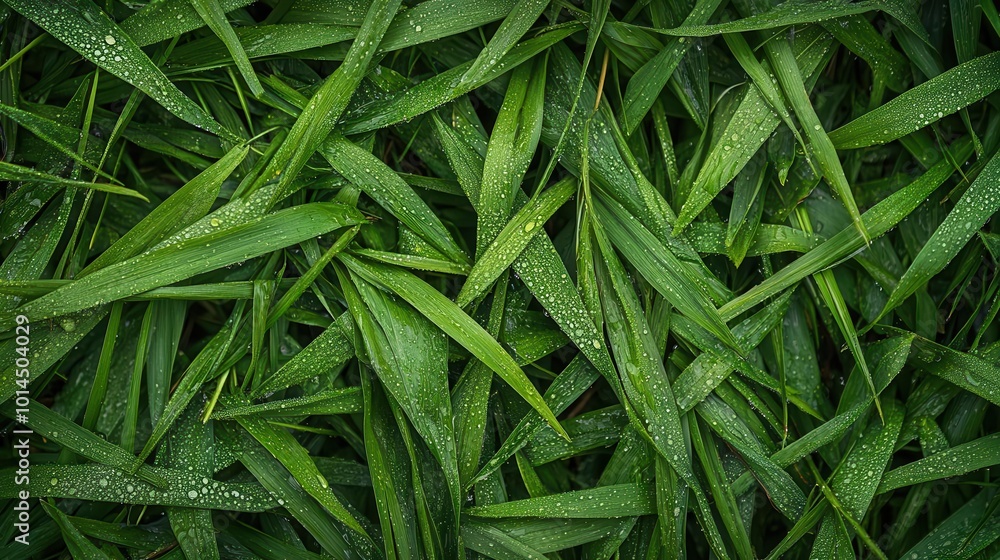 A top view of lush green grass texture with dew drops on the leaves A top view of lush green grass texture with dew drops on the leaves