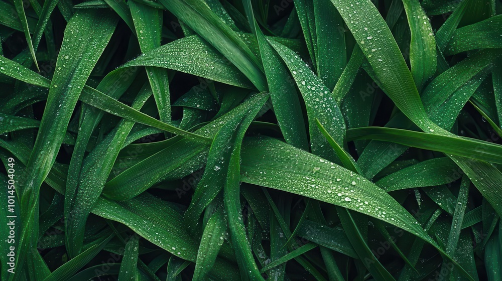 A top view of lush green grass texture with dew drops on the leaves A top view of lush green grass texture with dew drops on the leaves