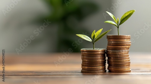 Green plants growing from stacks of coins, symbolizing investment and sustainable growth, white isolate background.