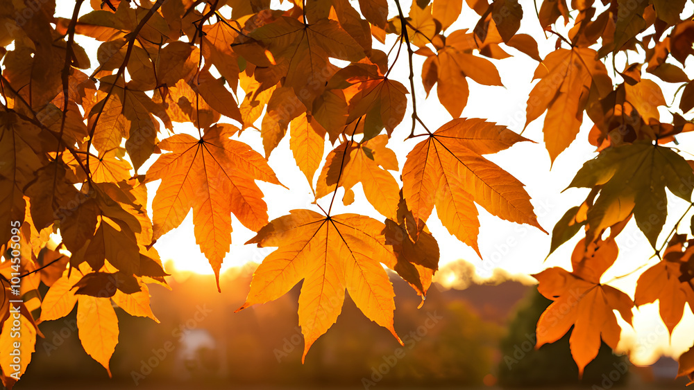 Φωτογραφία Sonnenuntergang durch die Blätter: Eine Nahaufnahme von Herbstblättern, die an Zweigen hängen, durch die das warme, goldene Licht eines Sonnenuntergangs scheint