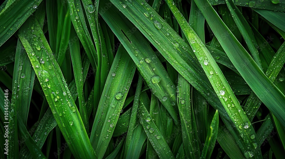 A top view of lush green grass texture with dew drops on the leaves A top view of lush green grass texture with dew drops on the leaves