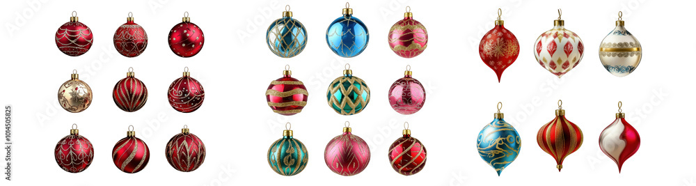 Collection of PNG. Set of shiny holiday ornaments with varying patterns, isolated on a transparency background. Collection of PNG. Set of shiny holiday ornaments with varying patterns, isolated on a transparency background.