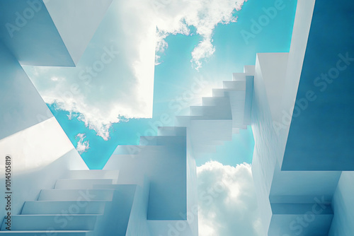 Wallpaper Mural surreal view of floating cubes and stairs against bright blue sky with clouds, creating infinite staircase illusion. This captivating scene evokes sense of wonder and exploration Torontodigital.ca
