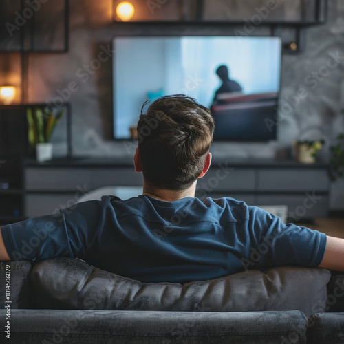 Man Relaxing at Home Watching TV on Sofa