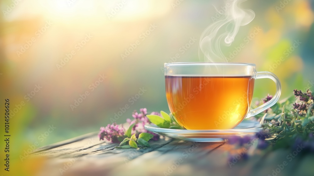 close-up of a steaming cup of herbal tea placed on a rustic table, surrounded by fresh herbs and flowers, with sunlight streaming in to create a warm, inviting ambiance. close-up of a steaming cup of herbal tea placed on a rustic table, surrounded by fresh herbs and flowers, with sunlight streaming in to create a warm, inviting ambiance.