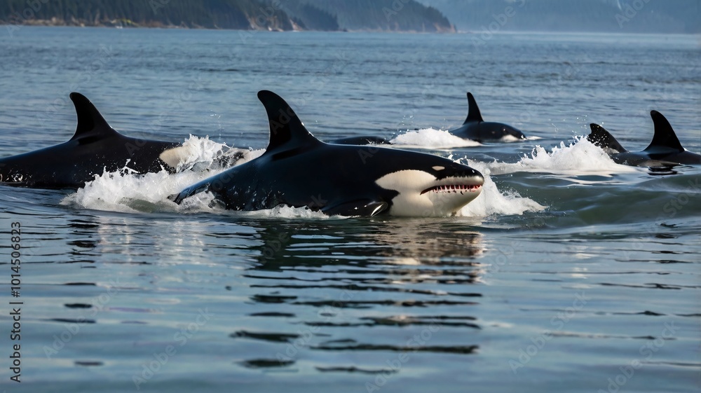 Fototapeta premium A pod of orcas intentionally beaching themselves