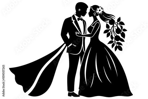 kissingn groom and bride silhouette minimalistic vector art illustration 