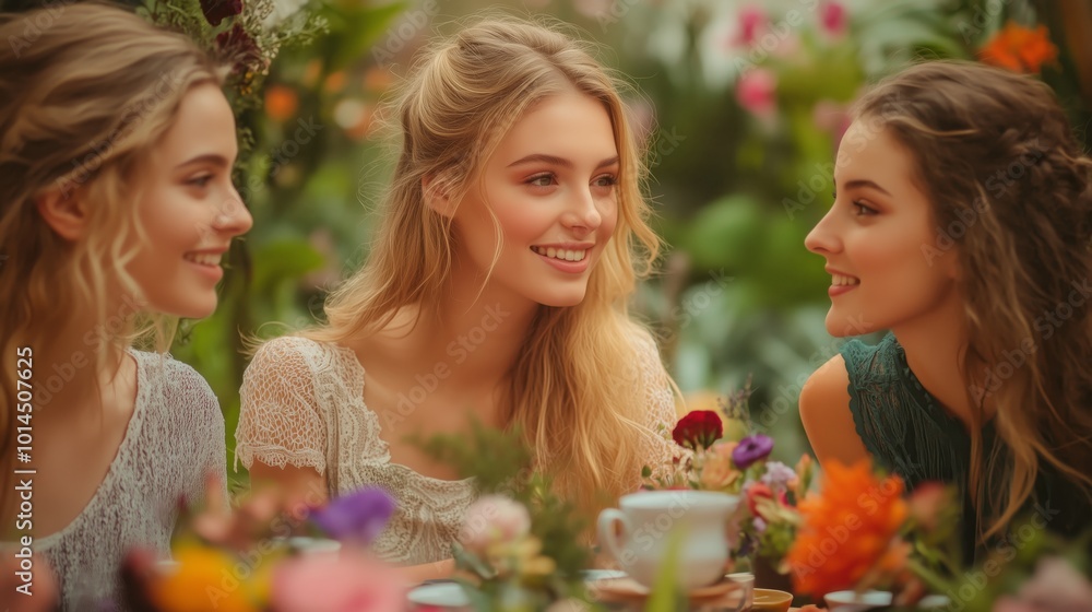 A group of friends gathered in a lush garden, enjoying an afternoon tea, with vibrant floral arrangements and delicate teacups adding to the joyful atmosphere. A group of friends gathered in a lush garden, enjoying an afternoon tea, with vibrant floral arrangements and delicate teacups adding to the joyful atmosphere.