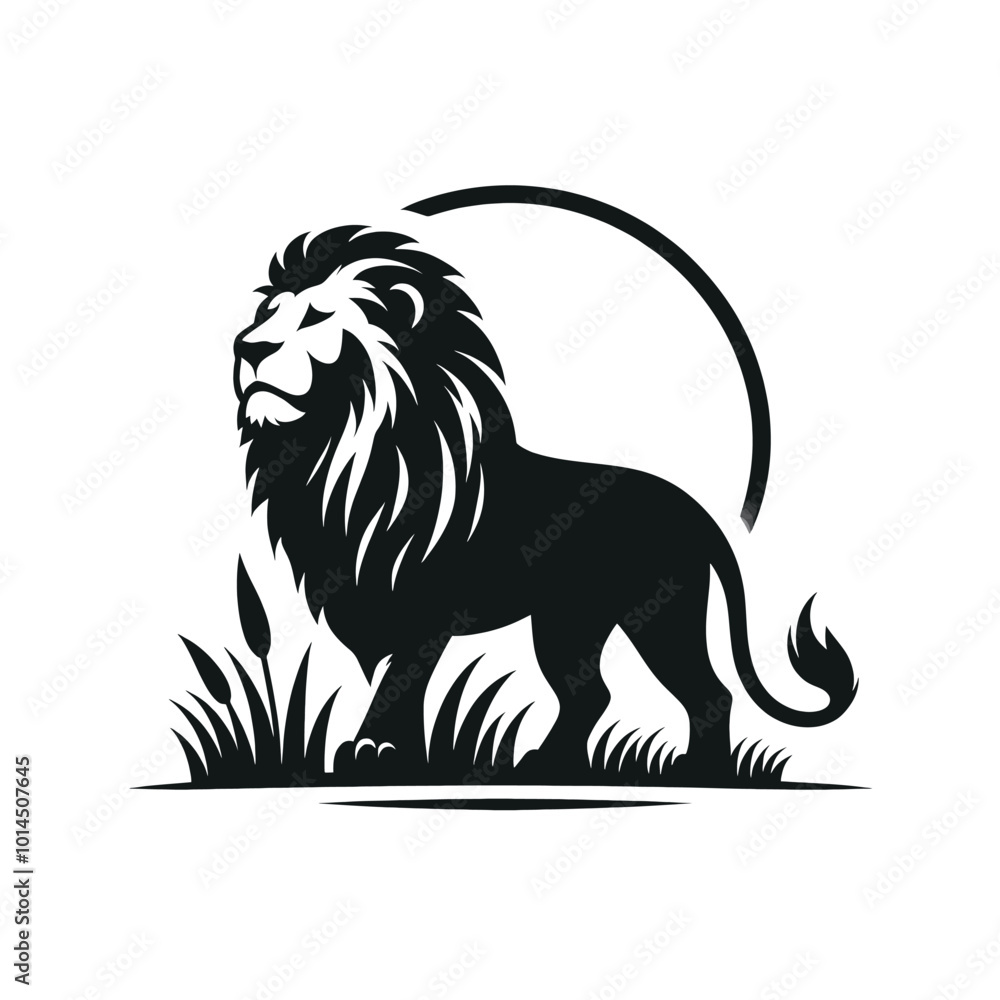 Fototapeta premium Majestic Lion in Grassland Elegant Black and White Illustration