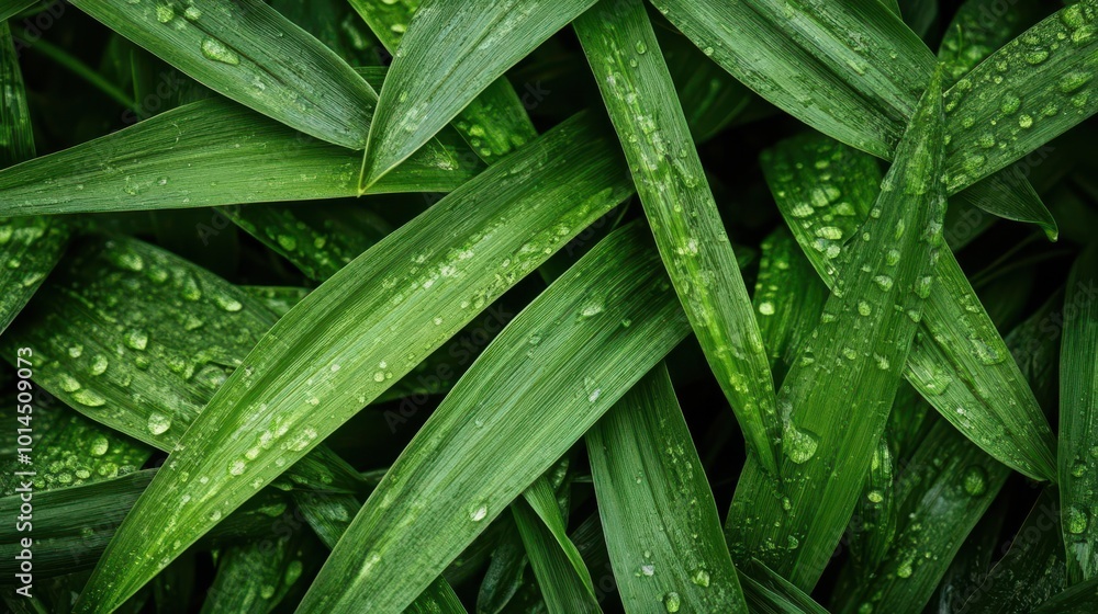 A top view of lush green grass texture with dew drops on the leaves A top view of lush green grass texture with dew drops on the leaves