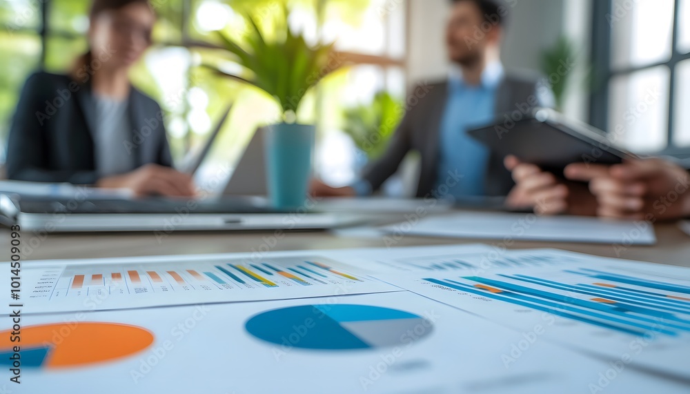 Blurred image of a business meeting with graphs and charts on a table Blurred image of a business meeting with graphs and charts on a table