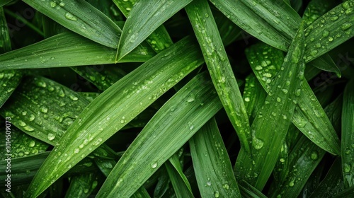 A top view of lush green grass texture with dew drops on the leaves