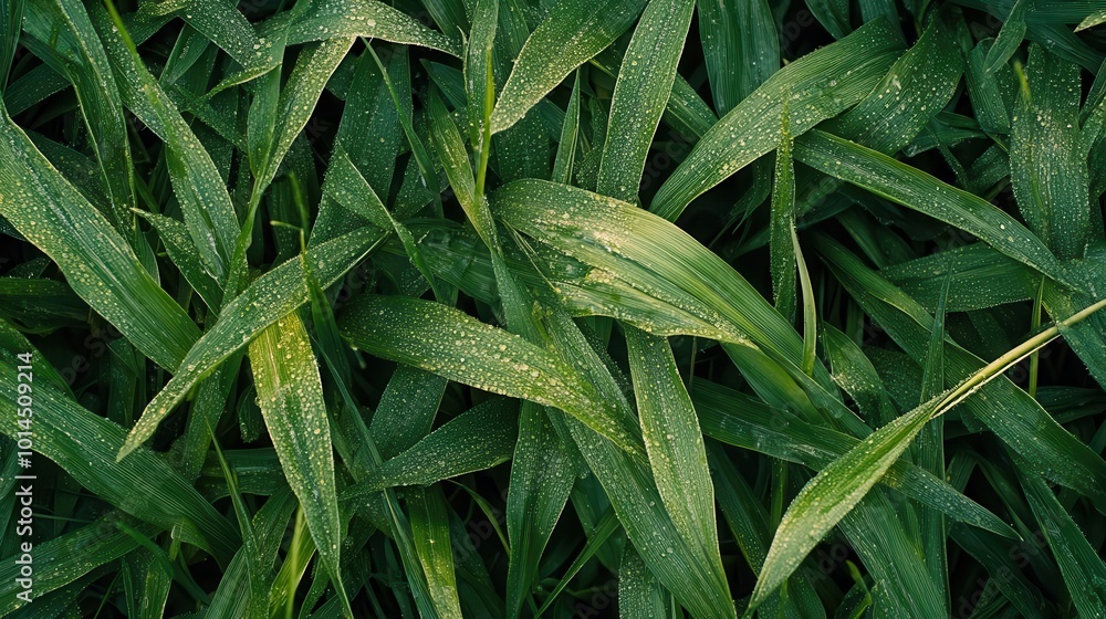 Obraz premium A top view of lush green grass texture with dew drops on the leaves
