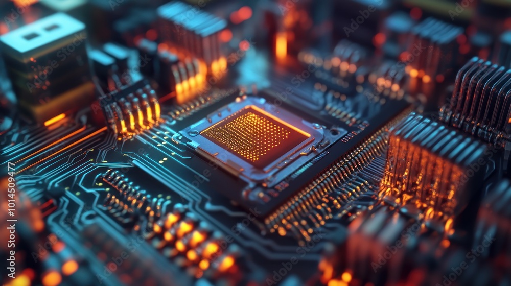 Close-up of a Computer Motherboard with a Glowing CPU Close-up of a Computer Motherboard with a Glowing CPU