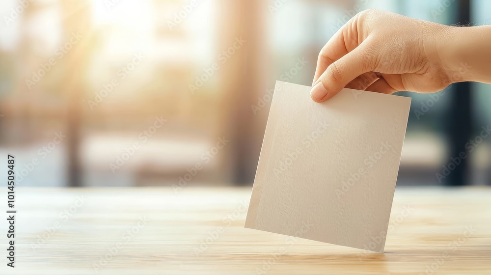 A hand holding a blank card over a sunlit table, representing space for text or graphic placement in a warm, soft atmosphere. A hand holding a blank card over a sunlit table, representing space for text or graphic placement in a warm, soft atmosphere.