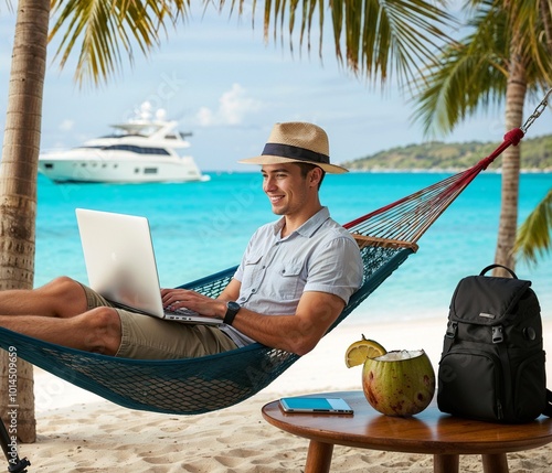 person in the hammock on the beach with laptop