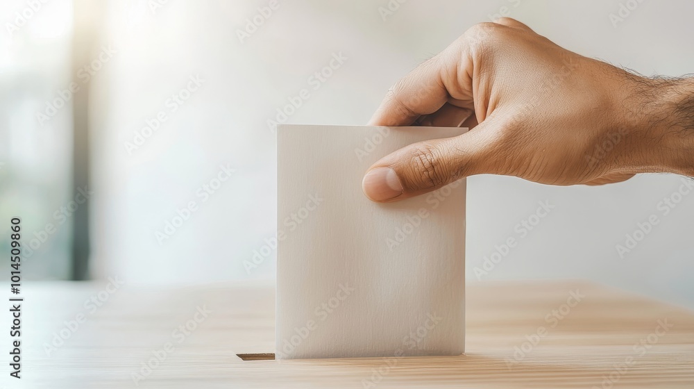 Close-up of a hand placing a blank card into a slot on a wooden box, symbolizing voting or decision-making. Close-up of a hand placing a blank card into a slot on a wooden box, symbolizing voting or decision-making.