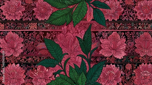 Indonesian batik motifs with very distin pink background photo