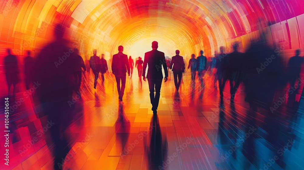 Obraz premium A vibrant scene shows one person in focus, surrounded by a blurred crowd of business people in a circular formation.