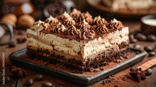 Tiramisu Cake Slice with Coffee Beans