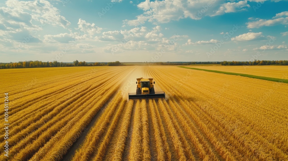 A tractor harvesting golden fields under a blue sky, showcasing agricultural activity. A tractor harvesting golden fields under a blue sky, showcasing agricultural activity.