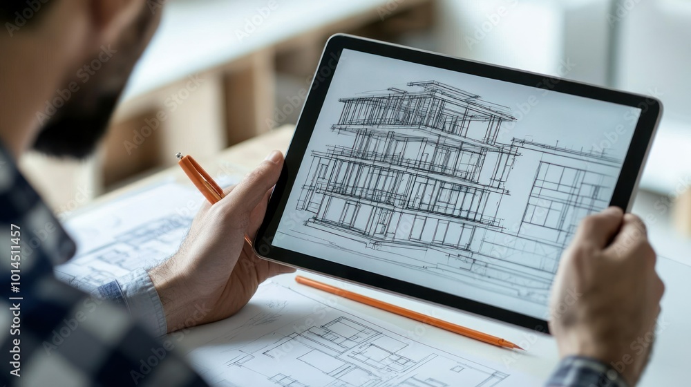 Architect reviewing a sketch of a multi-story house on a tablet Architect reviewing a sketch of a multi-story house on a tablet