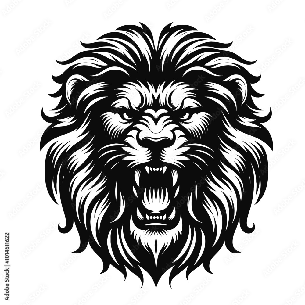 Fototapeta premium Majestic Roaring Lion Head Black and White Vintage Illustration