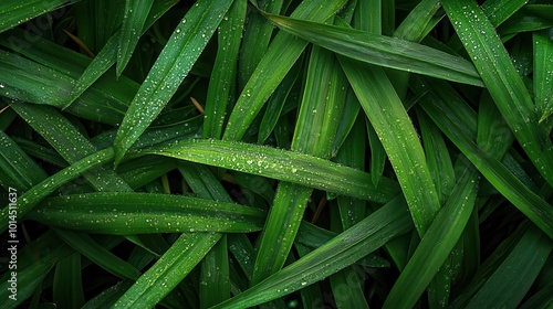 A top view of lush green grass texture with dew drops on the leaves