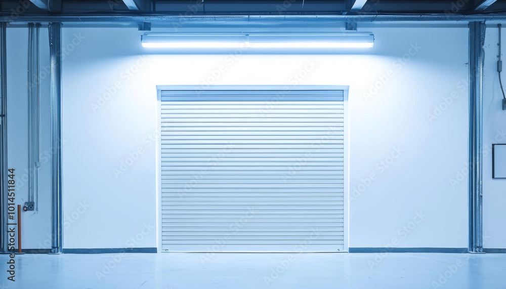 A clean, well-lit space featuring a closed rolling shutter door against a plain wall, suggesting a storage or industrial area. A clean, well-lit space featuring a closed rolling shutter door against a plain wall, suggesting a storage or industrial area.