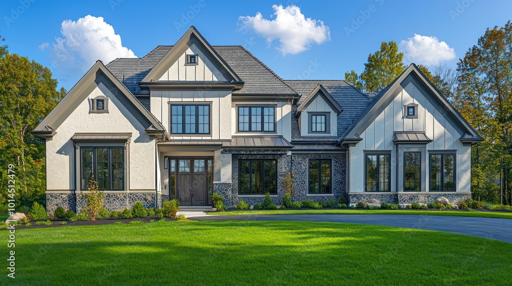 Architectural design of a home with azure accents, traditional flair, featuring schist and maple details, wide windows, linen roof trim, a basalt driveway, and green grass framing the property Architectural design of a home with azure accents, traditional flair, featuring schist and maple details, wide windows, linen roof trim, a basalt driveway, and green grass framing the property