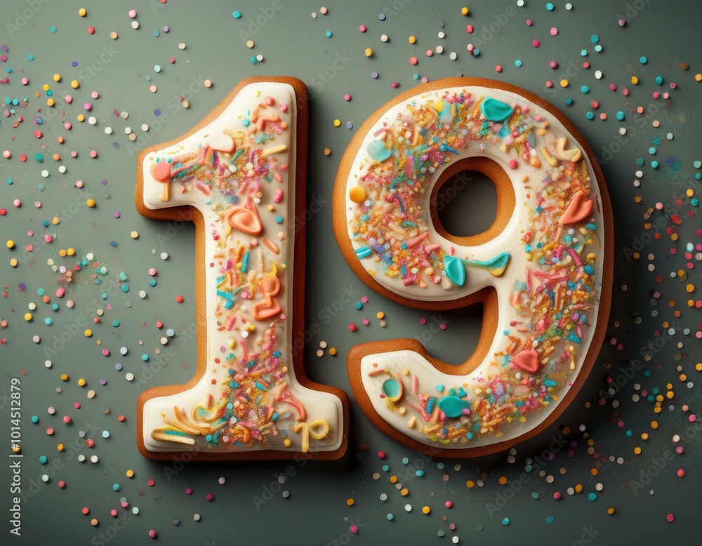 Decorated cookie, number 19, illustration for birthday or anniversary celebration Decorated cookie, number 19, illustration for birthday or anniversary celebration
