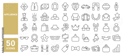 Set of 50 line icons related to affluence, luxury, richness, vip, wealth, gold, jewelry, expensive, villa, diamond, Editable stroke. Vector illustration