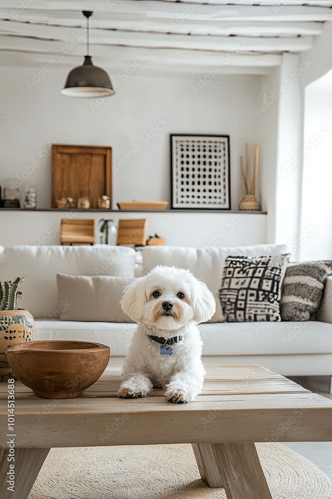 Cute Maltese dog and wooden table in a stylish living room. Cute Maltese dog and wooden table in a stylish living room.