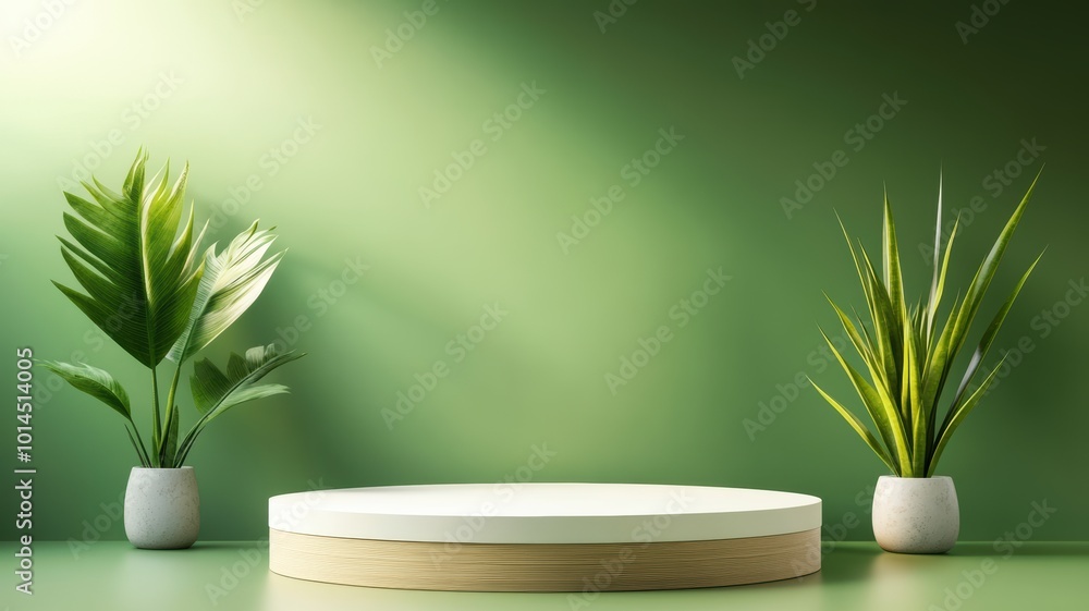 Green plants beside a circular display podium. Green plants beside a circular display podium.