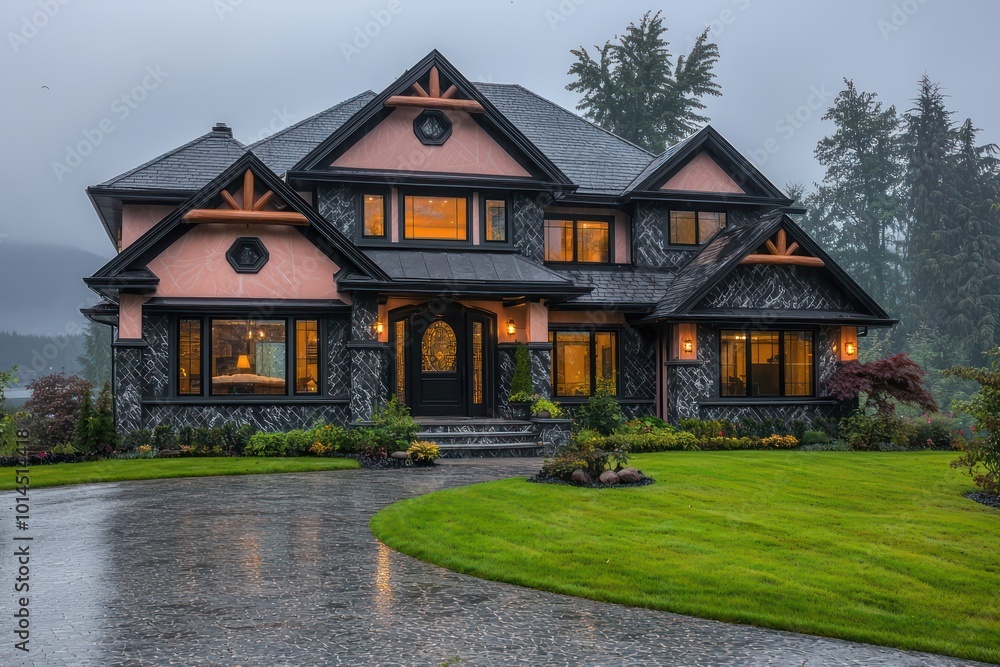 Architectural design of a house with misty coral accents, blending traditional styles, dark marble and fir details, broad windows, ecru roof trim, a granite driveway, and well-kept grass Architectural design of a house with misty coral accents, blending traditional styles, dark marble and fir details, broad windows, ecru roof trim, a granite driveway, and well-kept grass