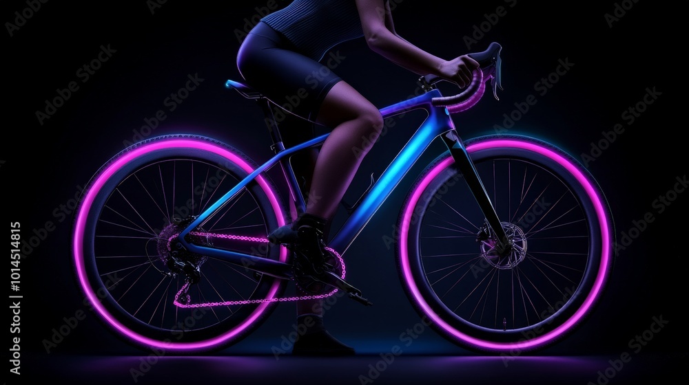 Electric Bike Night Ride: A woman rides a sleek electric bicycle with neon pink rim lights, creating a dynamic and futuristic image. Electric Bike Night Ride: A woman rides a sleek electric bicycle with neon pink rim lights, creating a dynamic and futuristic image.