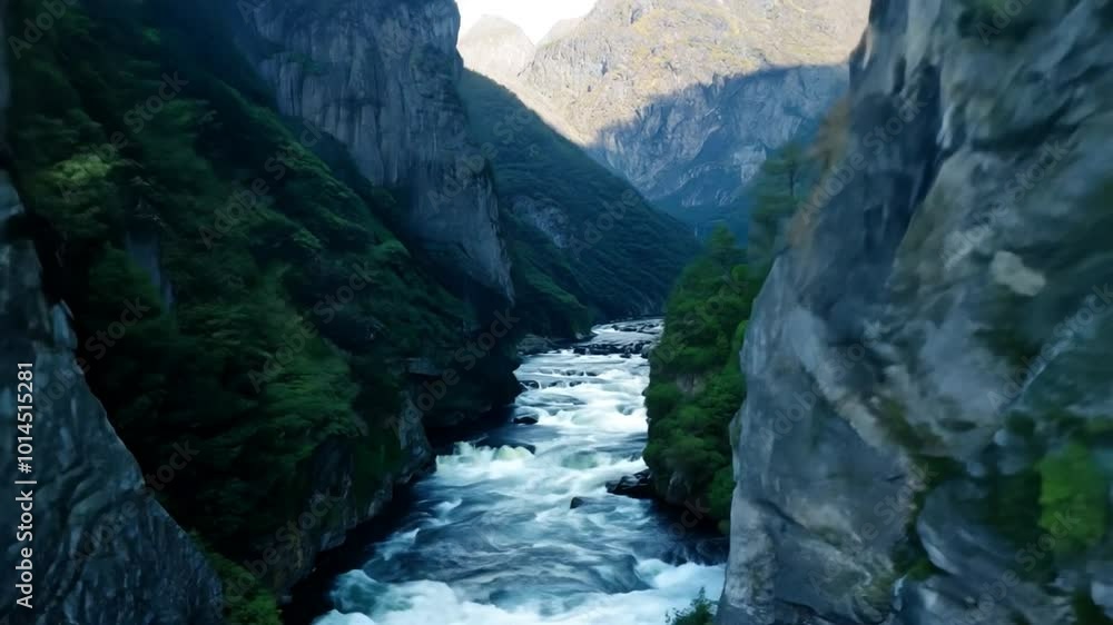 Aerial view of a river flowing through a narrow canyon with steep cliffs. Aerial view of a river flowing through a narrow canyon with steep cliffs.