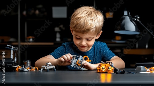Little Inventor:  A young boy, eyes bright with concentration, assembles a robot toy, surrounded by other robot models.
