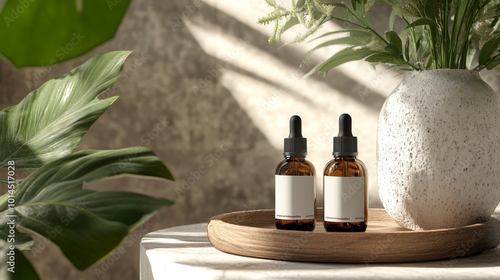 A calming arrangement of two amber glass dropper bottles with blank labels resting on a rustic wooden tray, with a stylish white vase and vibrant greenery enhancing the decor A calming arrangement of two amber glass dropper bottles with blank labels resting on a rustic wooden tray, with a stylish white vase and vibrant greenery enhancing the decor