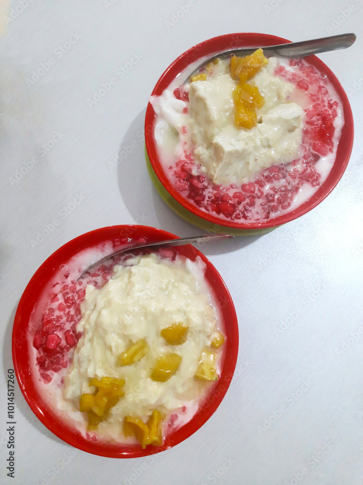 durian ice soup with jackfruit and pink pearl jelly. sweet and refreshing durian ice soup with jackfruit and pink pearl jelly. sweet and refreshing