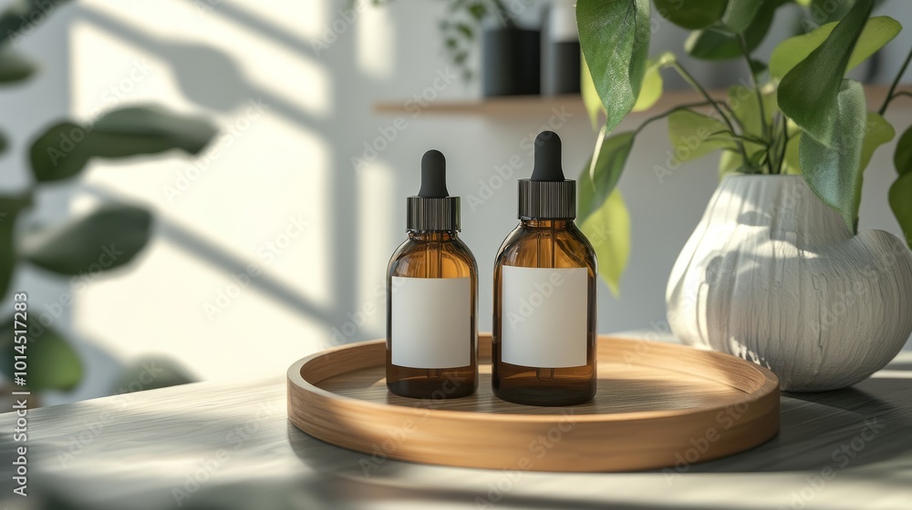 A chic display of two amber glass dropper bottles with blank labels resting on a wooden tray, with a contemporary white vase and vibrant greenery creating an inviting atmosphere. A chic display of two amber glass dropper bottles with blank labels resting on a wooden tray, with a contemporary white vase and vibrant greenery creating an inviting atmosphere.
