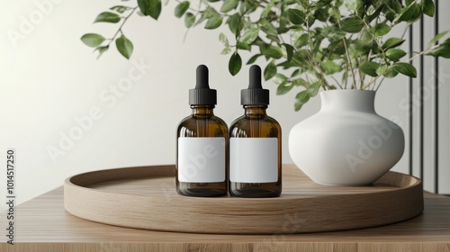 A chic display of two amber glass dropper bottles with blank labels resting on a wooden tray, with a contemporary white vase and vibrant greenery creating an inviting atmosphere.