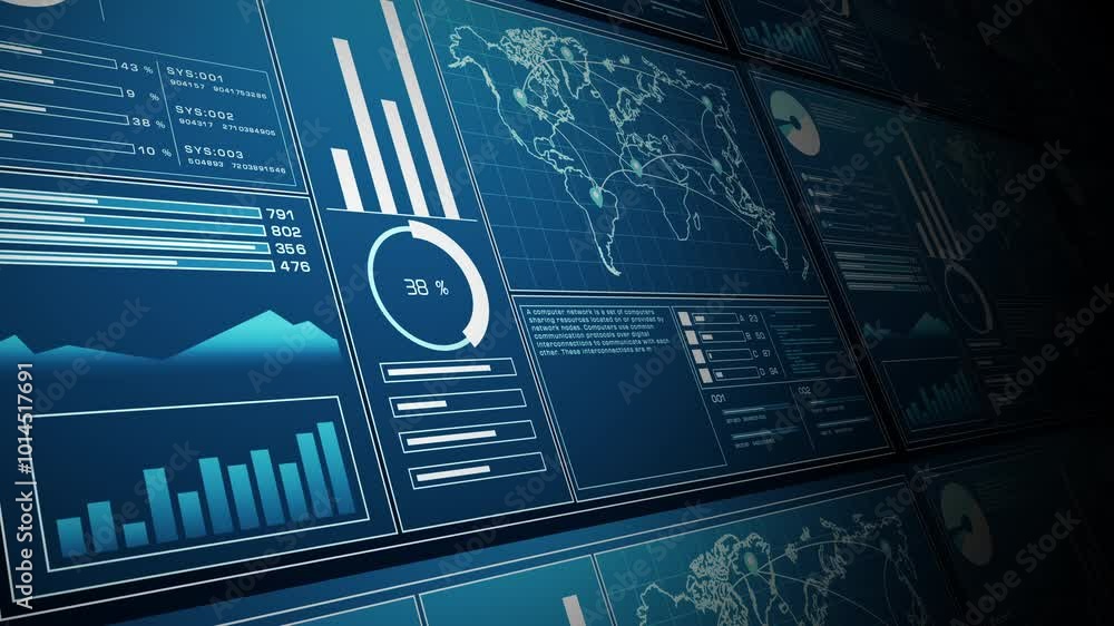 Image showing several digital data dashboards with various charts, graphs, and a global network map, representing analytics and technology. Animation 4k, 3d rendering.